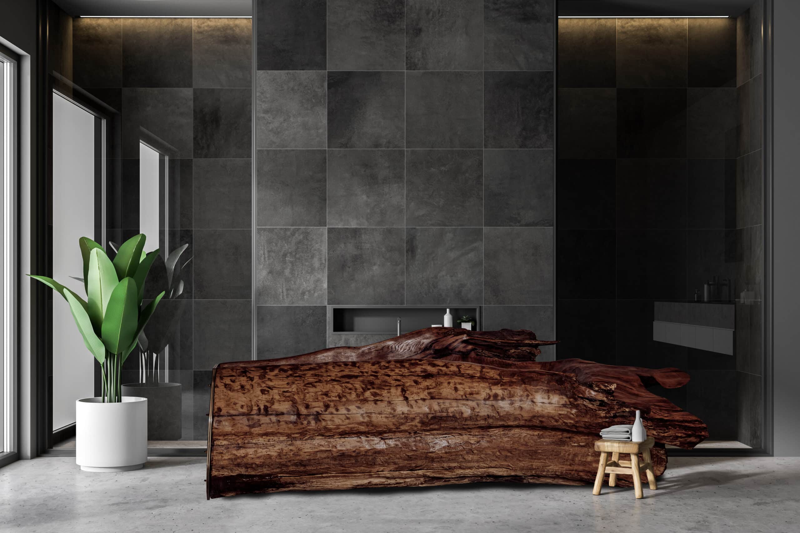 Holzbadewanne mit Glasende in einem modernen Bad